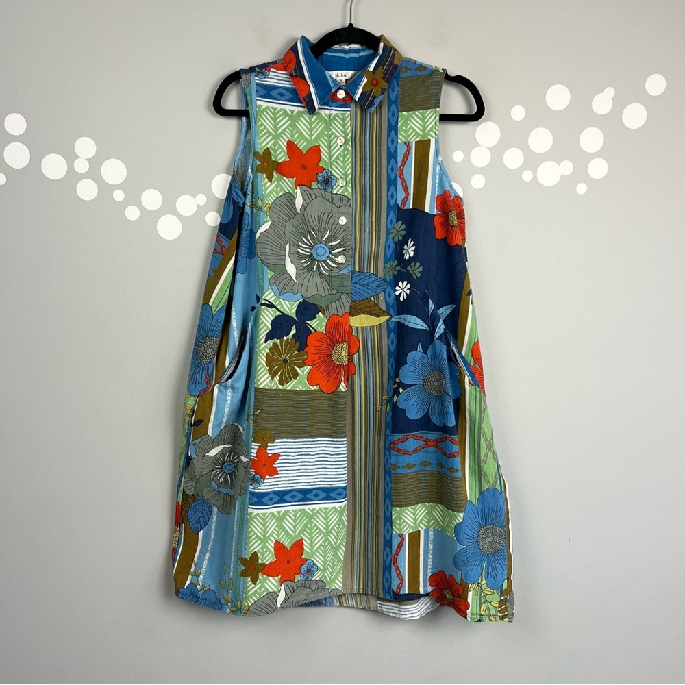 Dalin Linen Cotton Shirt Dress Size S Floral Patchwork Print Side Pockets